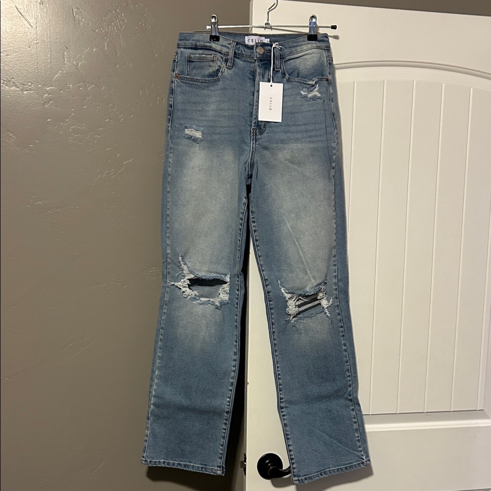 Cello High Rise Distressed Jeans in Light Blue